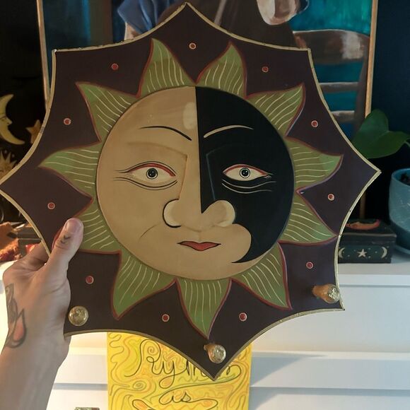 Celestial Sun Wall Art Folk Art in Black and Gold 3 Hangers 90s Whimsygoth 16.5" - Picture 1 of 12